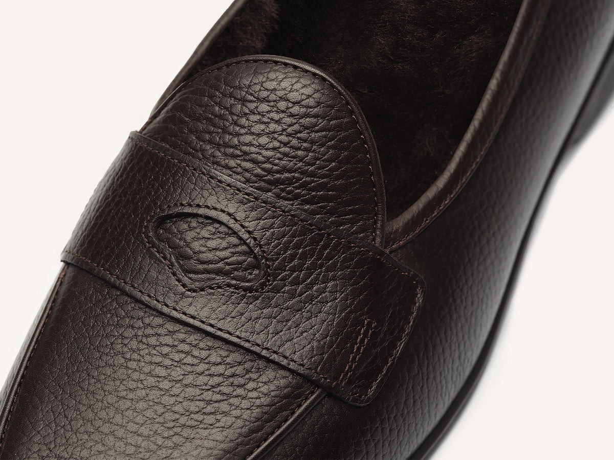 Stride Penny Loafers in Dark Brown Moorland Calf with Shearling Lining