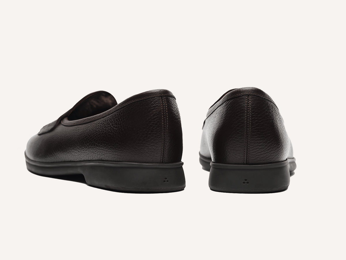 Stride Penny Loafers in Dark Brown Moorland Calf with Shearling Lining