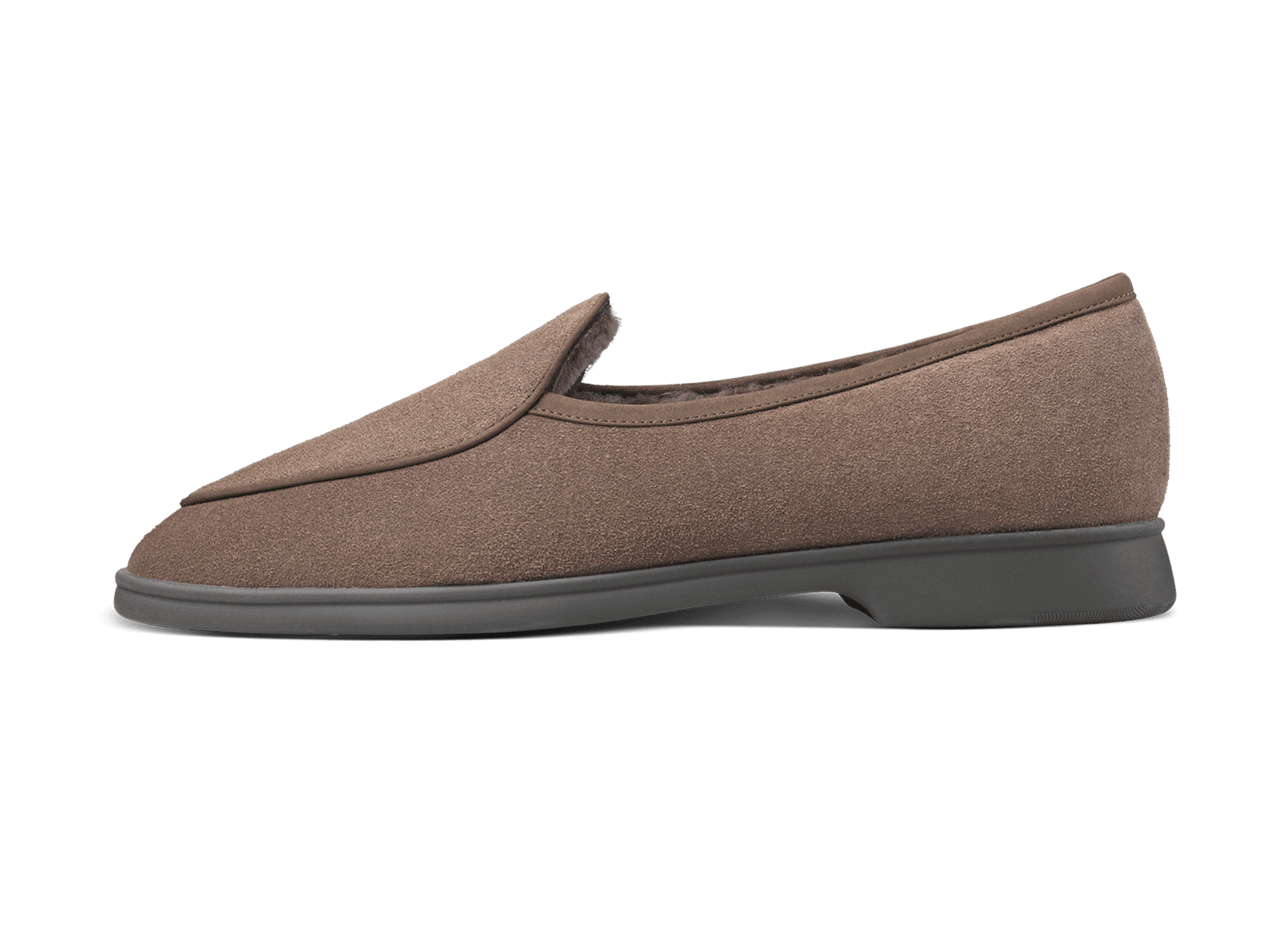 Stride Loafers in Deep Taupe Glove Suede with Shearling Lining Dark Sole