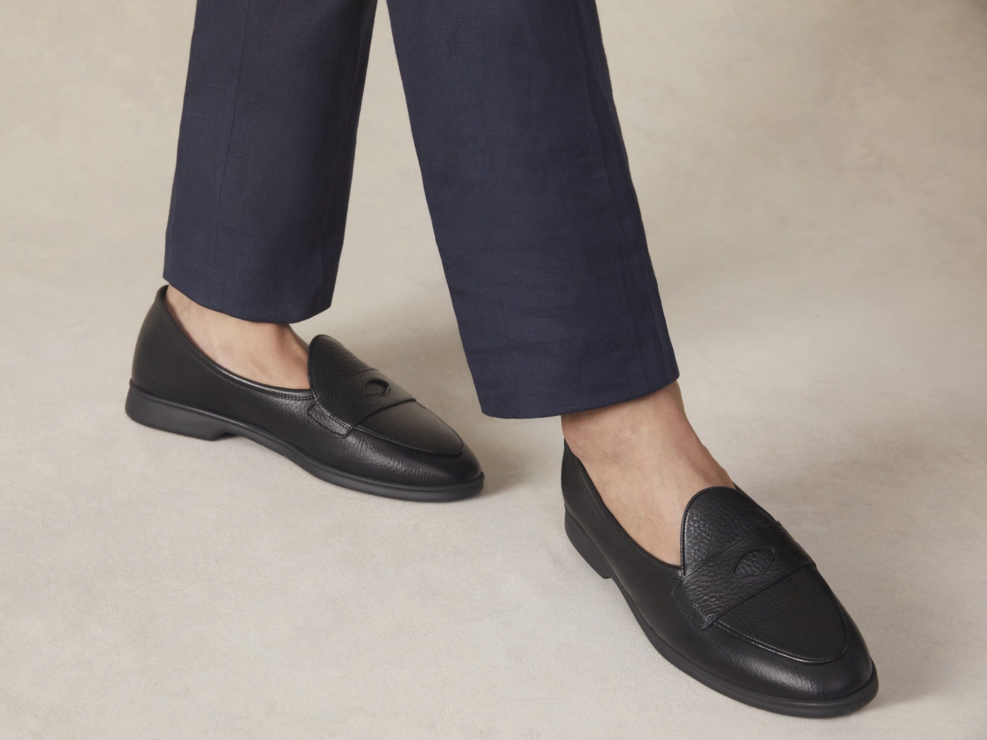 Stride Penny Loafers in Black Moorland Calf