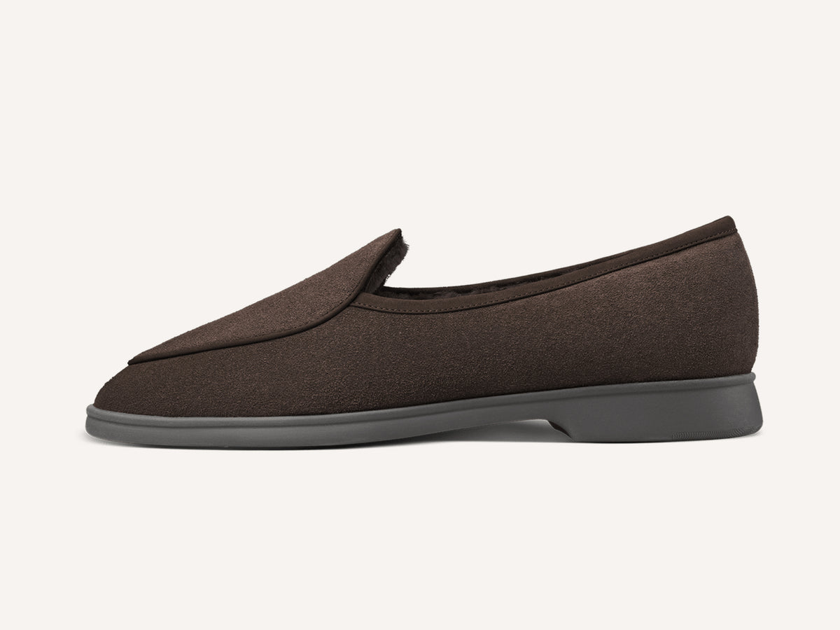 Stride Loafers in Dark Brown Glove Suede with Shearling Lining Dark Sole
