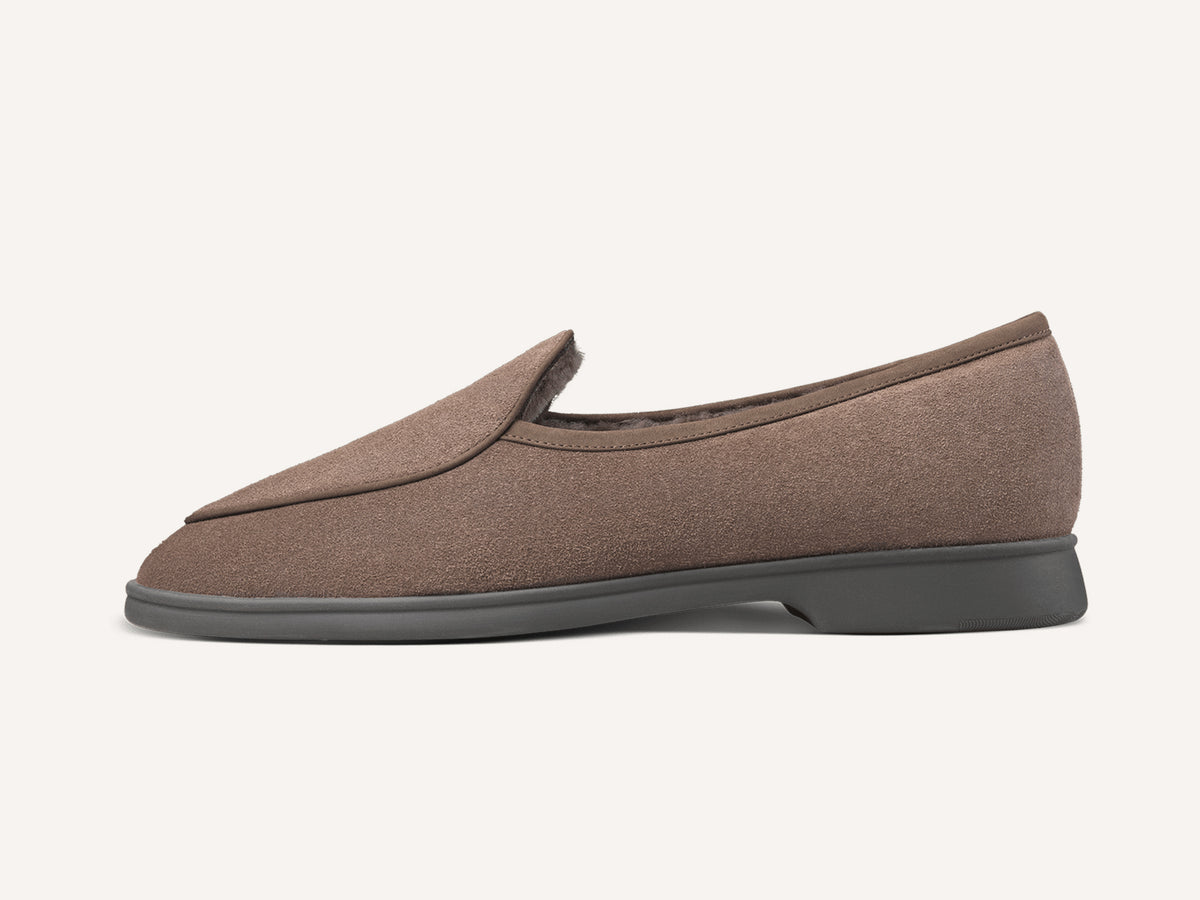 Stride Loafers in Deep Taupe Glove Suede with Shearling Lining Dark Sole