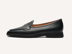 Stride Penny Loafers in Black Moorland Calf with Dark Sole