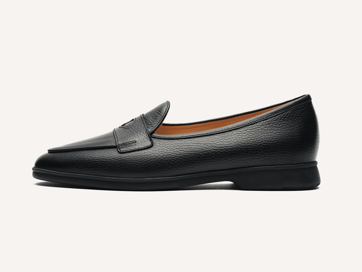 Stride Penny Loafers in Black Moorland Calf with Dark Sole