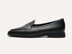 Stride Penny Loafers in Black Moorland Calf with Shearling Lining