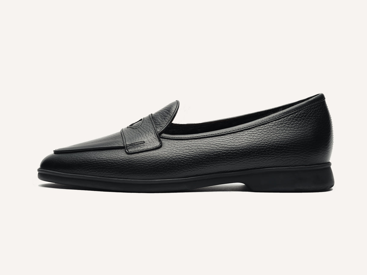 Stride Penny Loafers in Black Moorland Calf with Shearling Lining