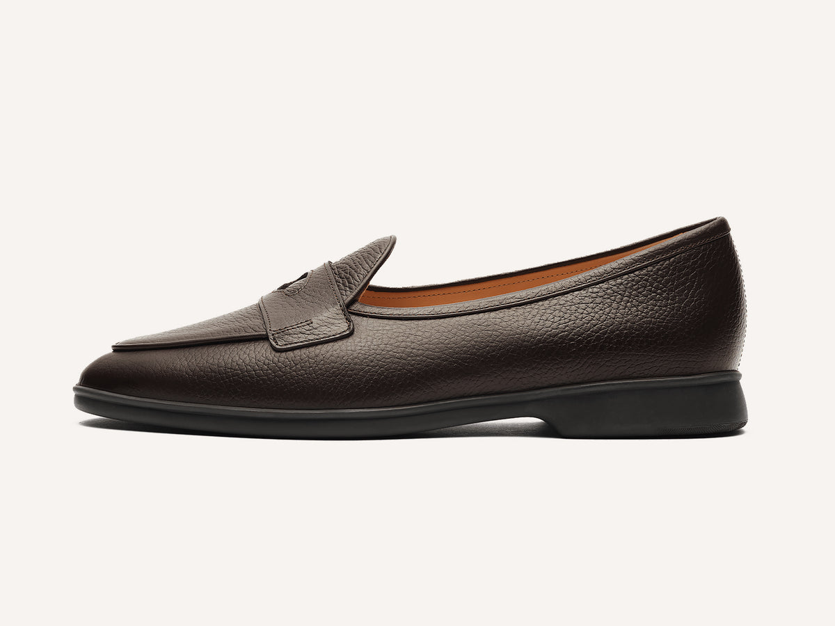 Stride Penny Loafers in Brown Moorland Calf with Dark Sole