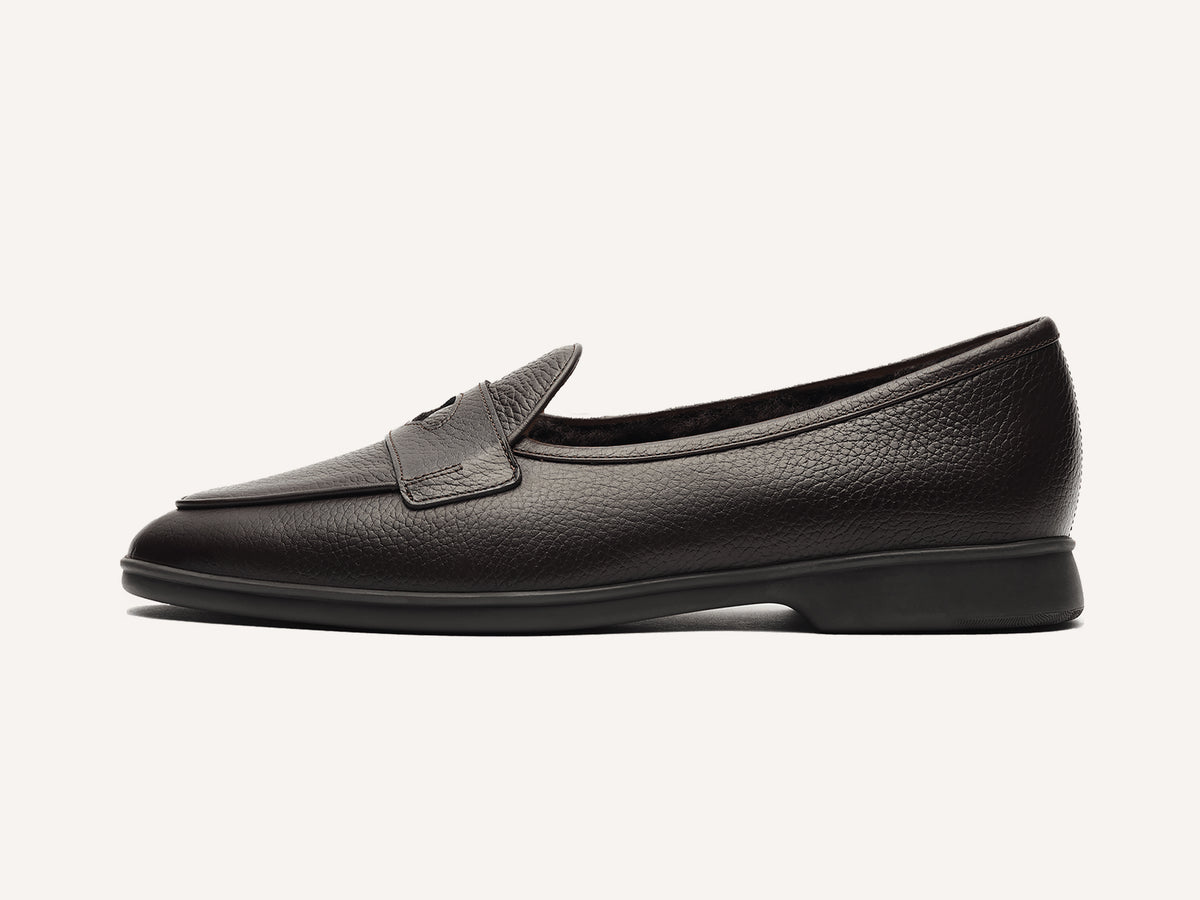 Stride Penny Loafers in Dark Brown Moorland Calf with Shearling Lining