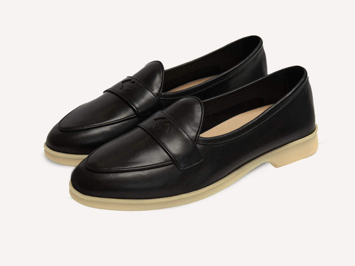 Stride Penny Loafers in Black Milled Calf Natural Sole