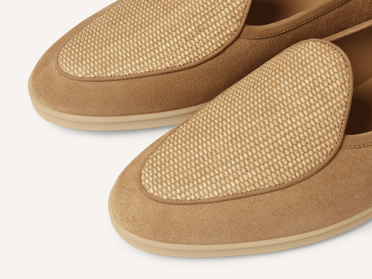 Stride Loafers in Caramel Glove Suede and Raffia with Natural Sole