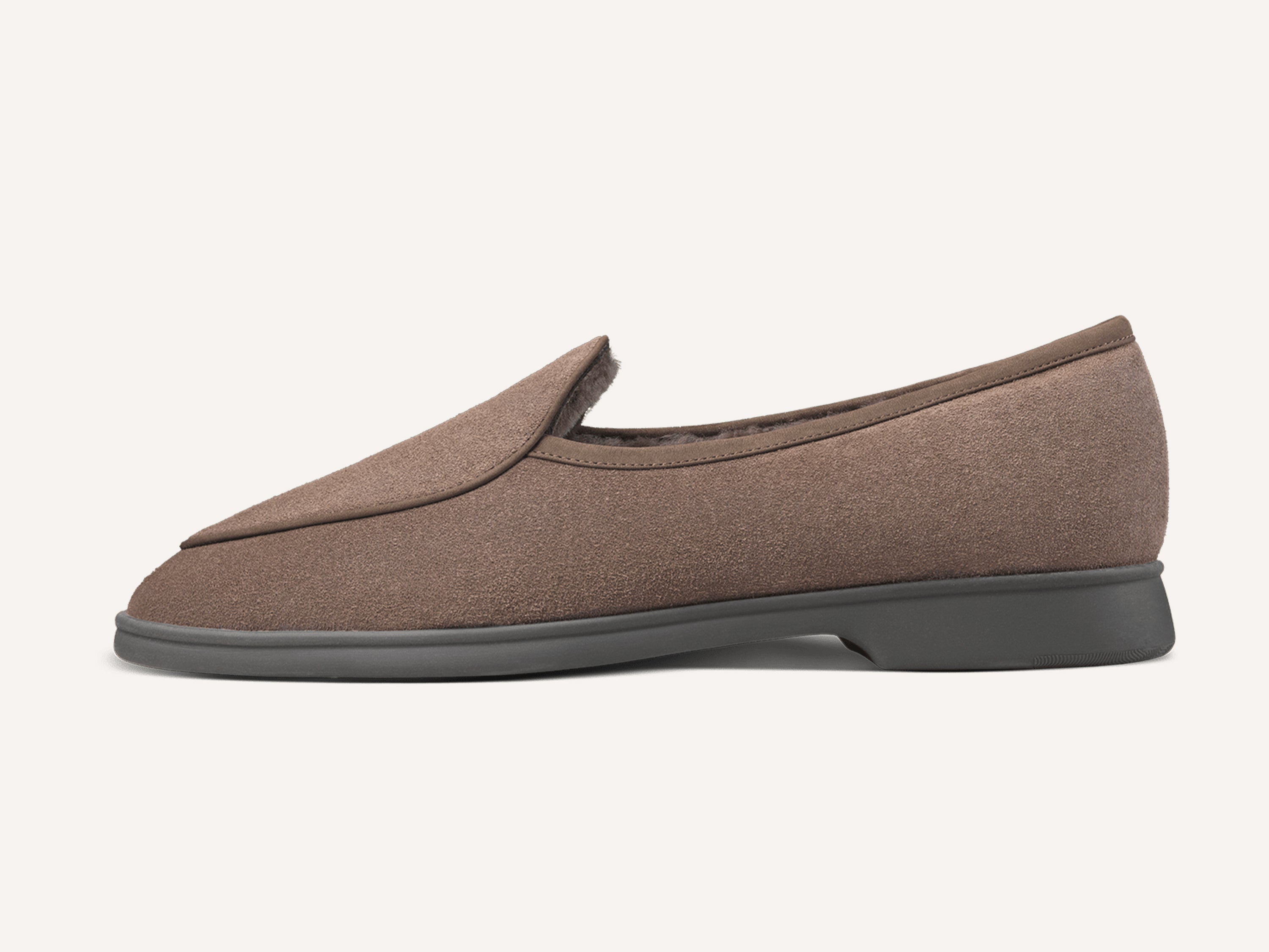 Stride Loafers in Deep Taupe Glove Suede with Shearling Lining Dark Sole