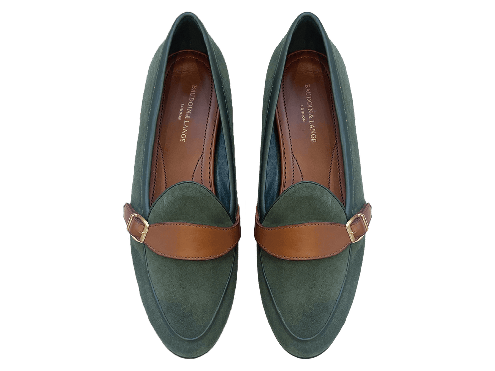 Sagan Buckle in Racing Green Luxe Suede and Tan Soft Calf