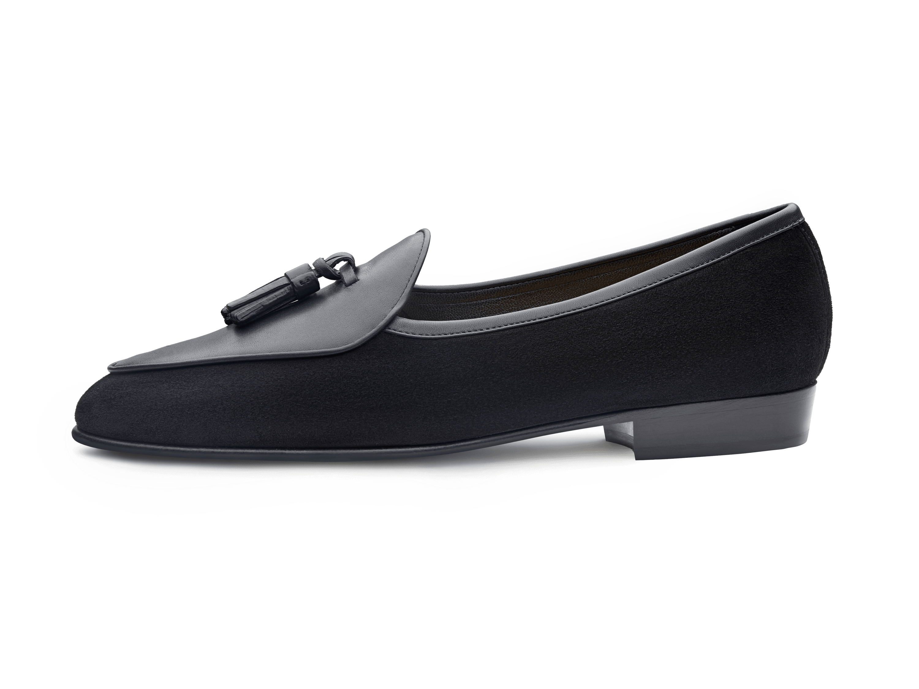 Sagan Classic Tassel Loafers in Black Suede and Black Drape Calf