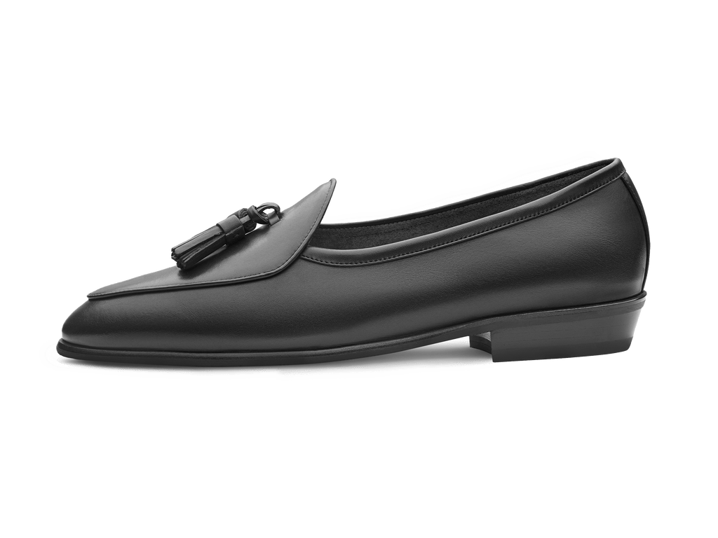 Sagan Classic Tassel Loafers in Black Drape Calf with Rubber Sole