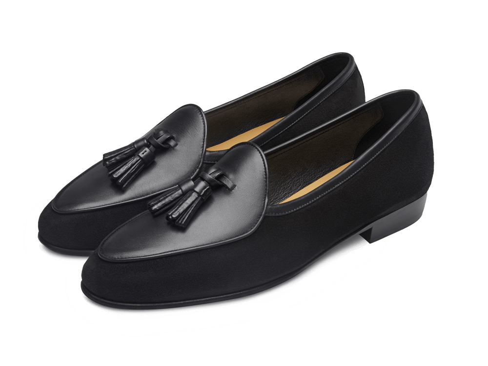 Sagan Classic Tassel Loafers in Black Suede and Black Drape Calf
