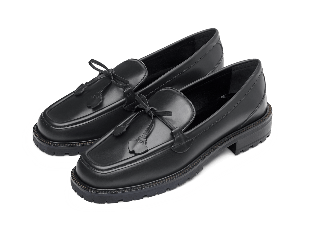 Charlotte Lace Loafers in Black Calf with Rubber Sole