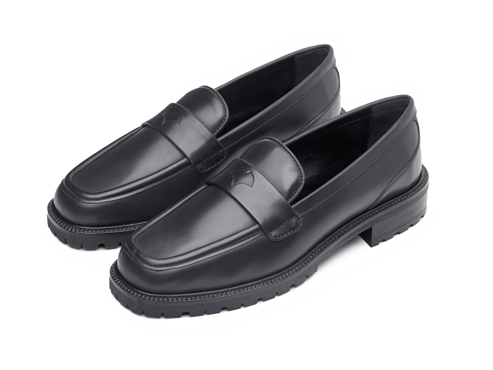 Charlotte Penny Loafers in Black Calf with Rubber Sole