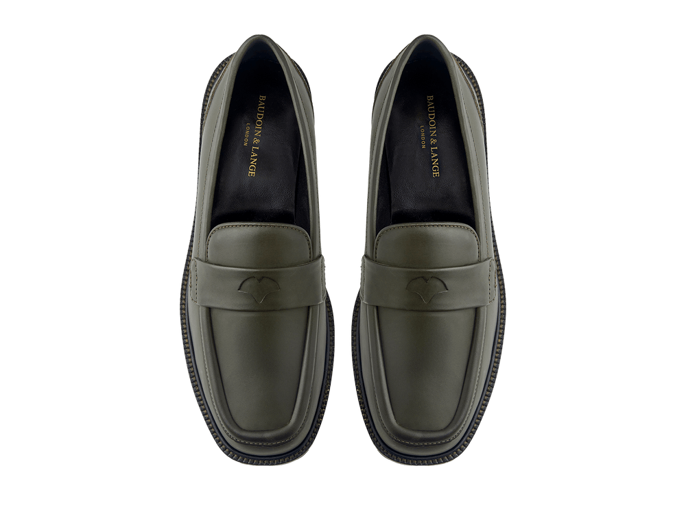 Charlotte Penny Loafers in Deep Green Calf with Rubber Sole