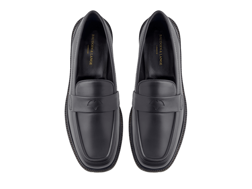 Charlotte Penny Loafers in Black Calf with Rubber Sole
