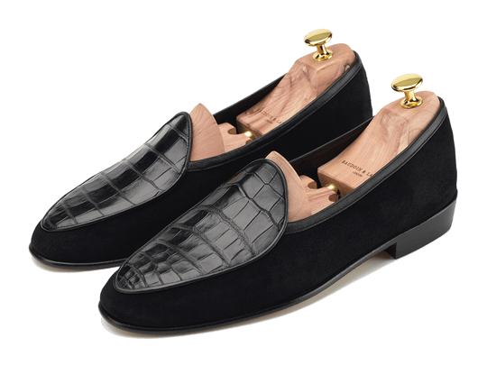 Sagan Classic Precious Leather Loafers in Black Suede and Crocodile