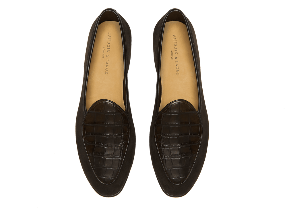 Sagan Classic Precious Leather Loafers in Dark Brown Suede and Crocodile