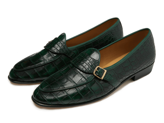 Sagan Buckle Precious Leather Loafers in Cedar Green Crocodile