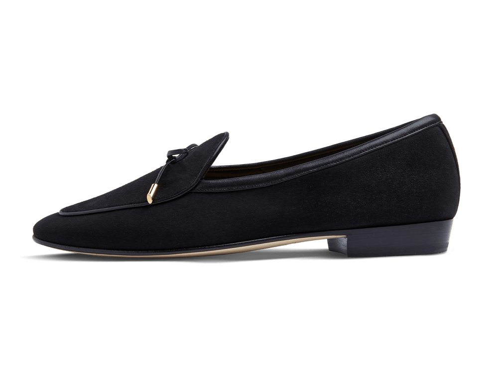 Sagan Classic String Loafers in Obsidian Black Asteria Suede with Metal Caps