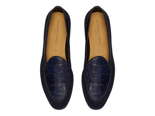 Sagan Classic Precious Leather Loafers in Midnight Navy Suede and Crocodile