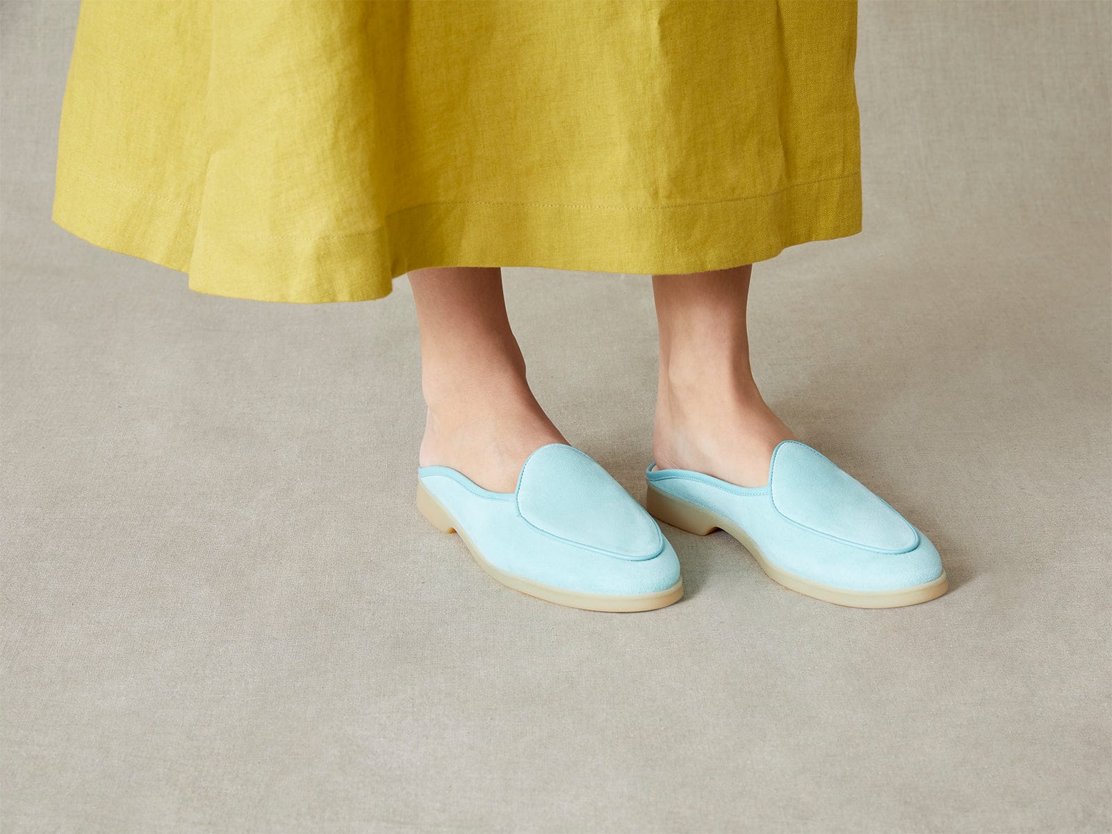 Stride Mule Loafers in Acqua Glove Suede Natural Sole