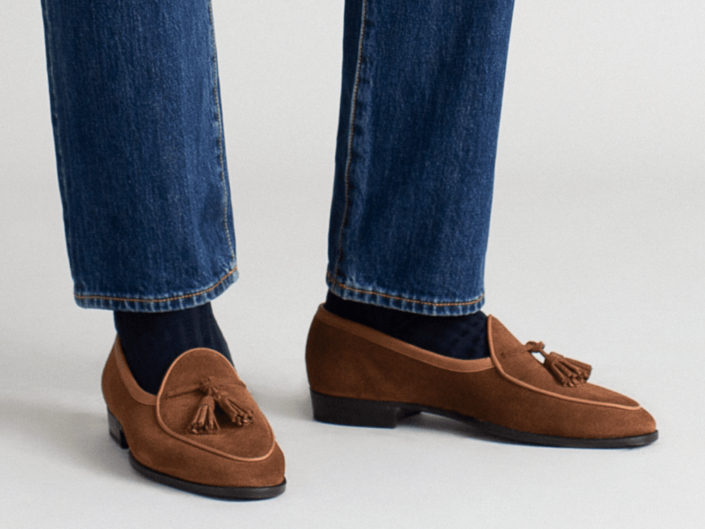Grand Seine Tassel Loafers in Tan Noble Suede