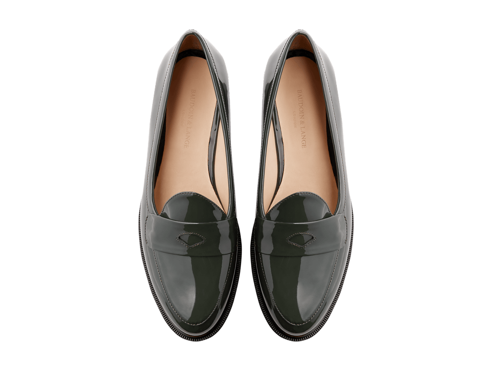 Sagan Ginkgo Loafers in Deep Green Patent with Rubber Sole