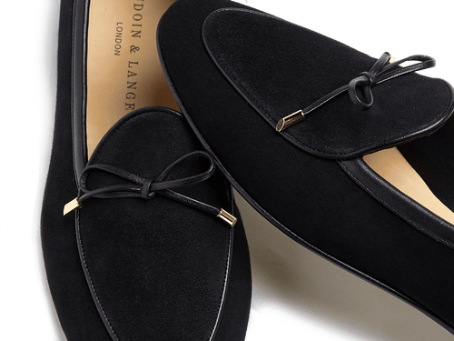 Sagan Classic String Loafers in Obsidian Black Asteria Suede with Metal Caps