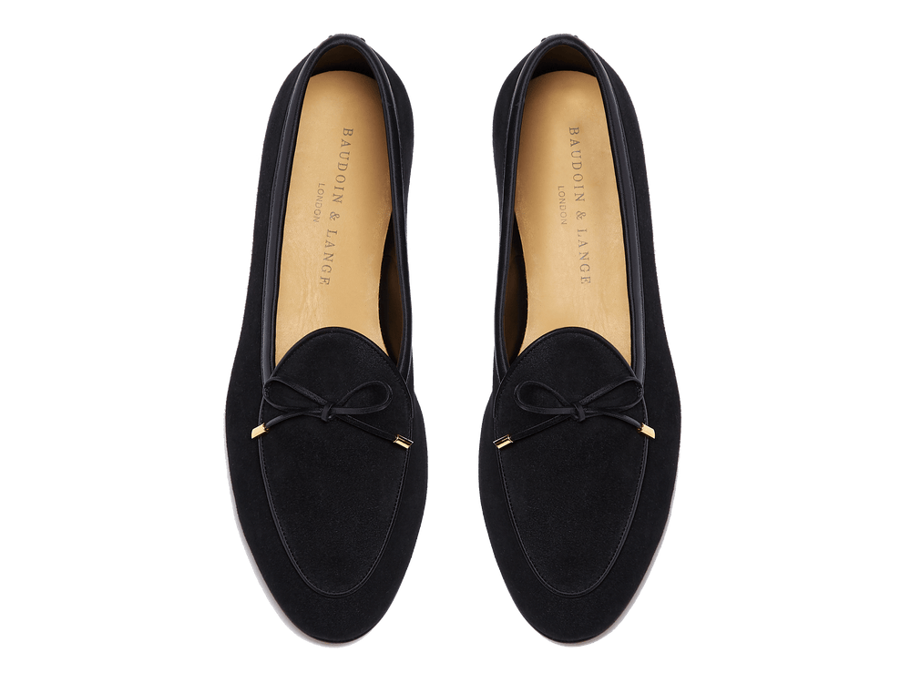 Sagan Classic String Loafers in Obsidian Black Asteria Suede with Metal Caps
