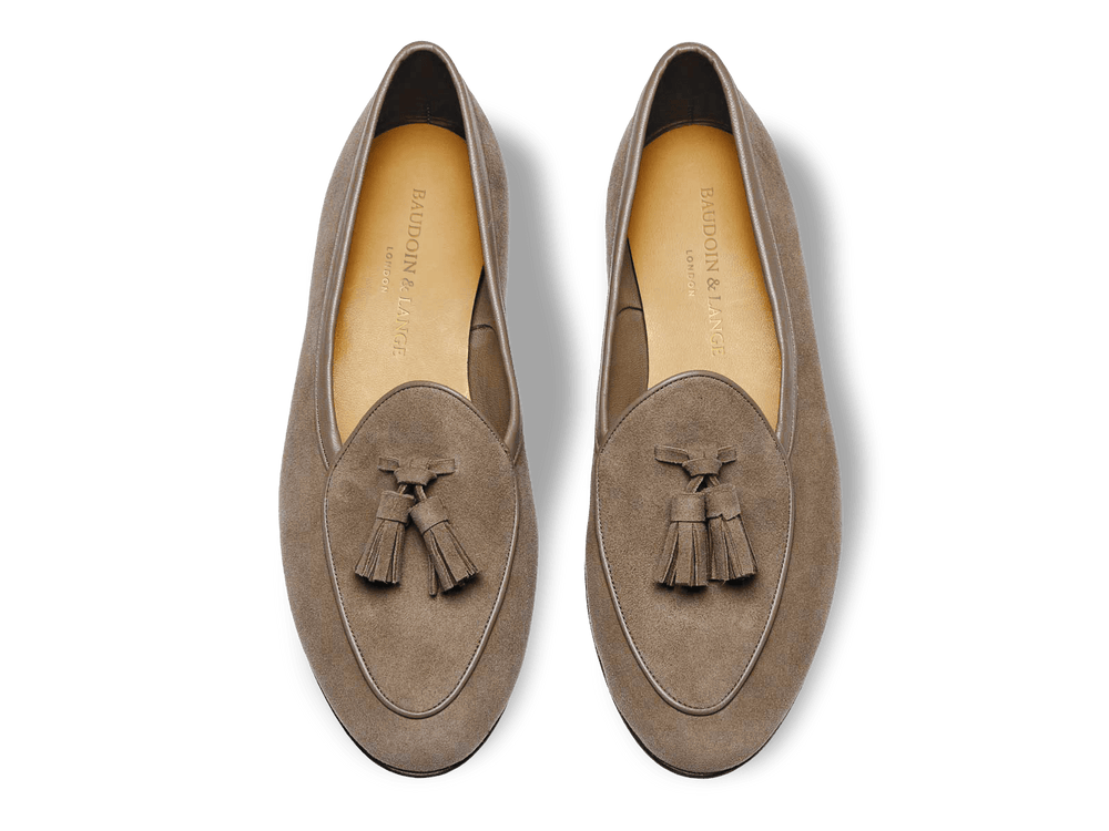Sagan Classic Tassel Loafers in Greige Asteria Suede