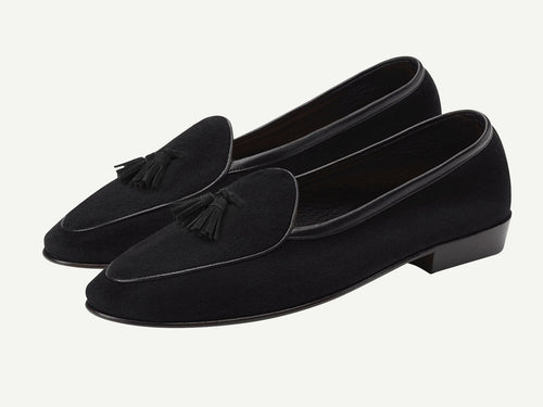 Womens Tassel Loafers in Black Suede