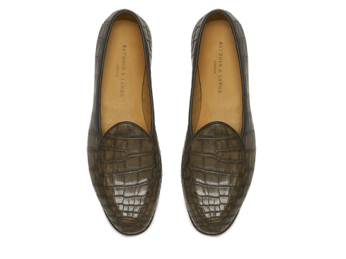 Sagan Classic Precious Leather Loafers in Greige Crocodile